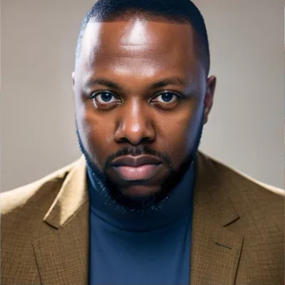 Antwon Davis, Partner and COO of Gatta Insurance, studio portrait in a tan jacket and blue turtleneck